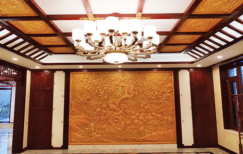 长安镇中式别墅客厅中式木作横梁吊顶装饰展示